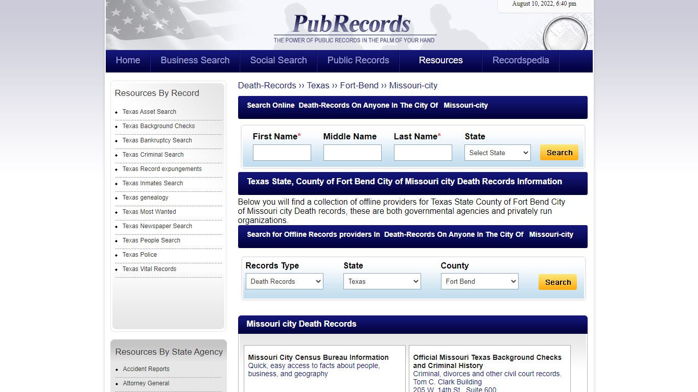 Missouri city, Fort Bend County, Texas Death Records